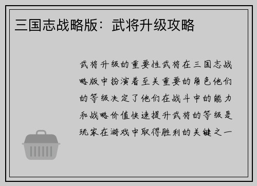 三国志战略版：武将升级攻略